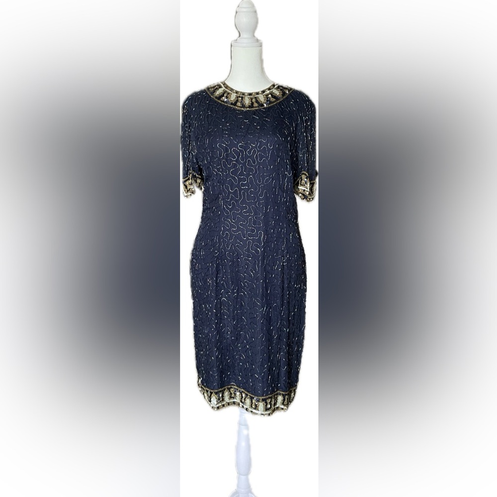 Laurence Kazar Navy and Gold Beaded Dress